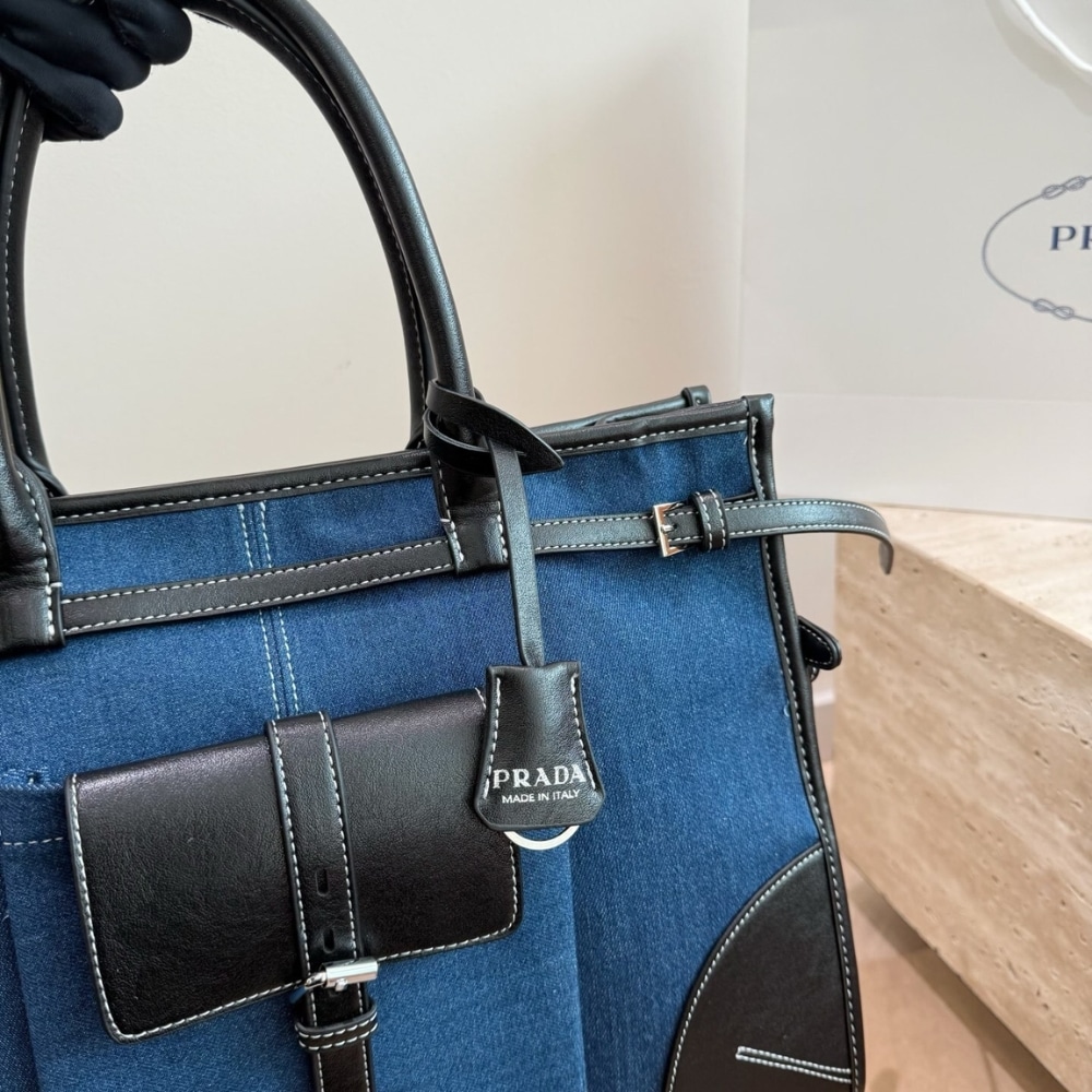 Prada Bonnie Large Denim Handbag Blue And Black 38cm - Image 5