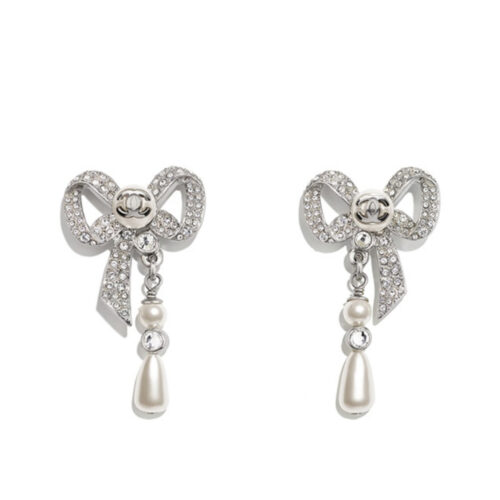 Chanel Bow Silver Pearl Earrings Ab4300 B03544 N788652