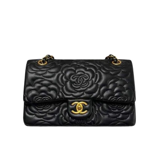 Chanel Camellia Medium Smooth Leather Flap Bag Black 26cm