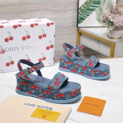 Alternative view of Louis Vuitton X Takashi Maya Platform Monogram Cherry Denim Sandal Blue 1Ahnyd