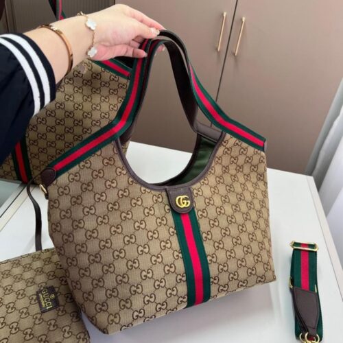 Alternative view of Gucci Giglio Small GG Monogram Canvas Tote Bag Beige And Dark Brown 25cm 860845 AAF8L 2547