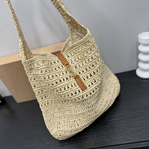 Alternative view of Saint Laurent Le 5 A 7 Raffia Crochet And Smooth Leather Hobo Bag Beige 32Cm 690941Gaaar2080