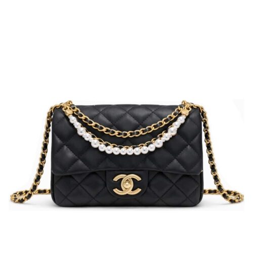 Chanel Pearl Mini Smooth Leather Flap Bag Black 17cm