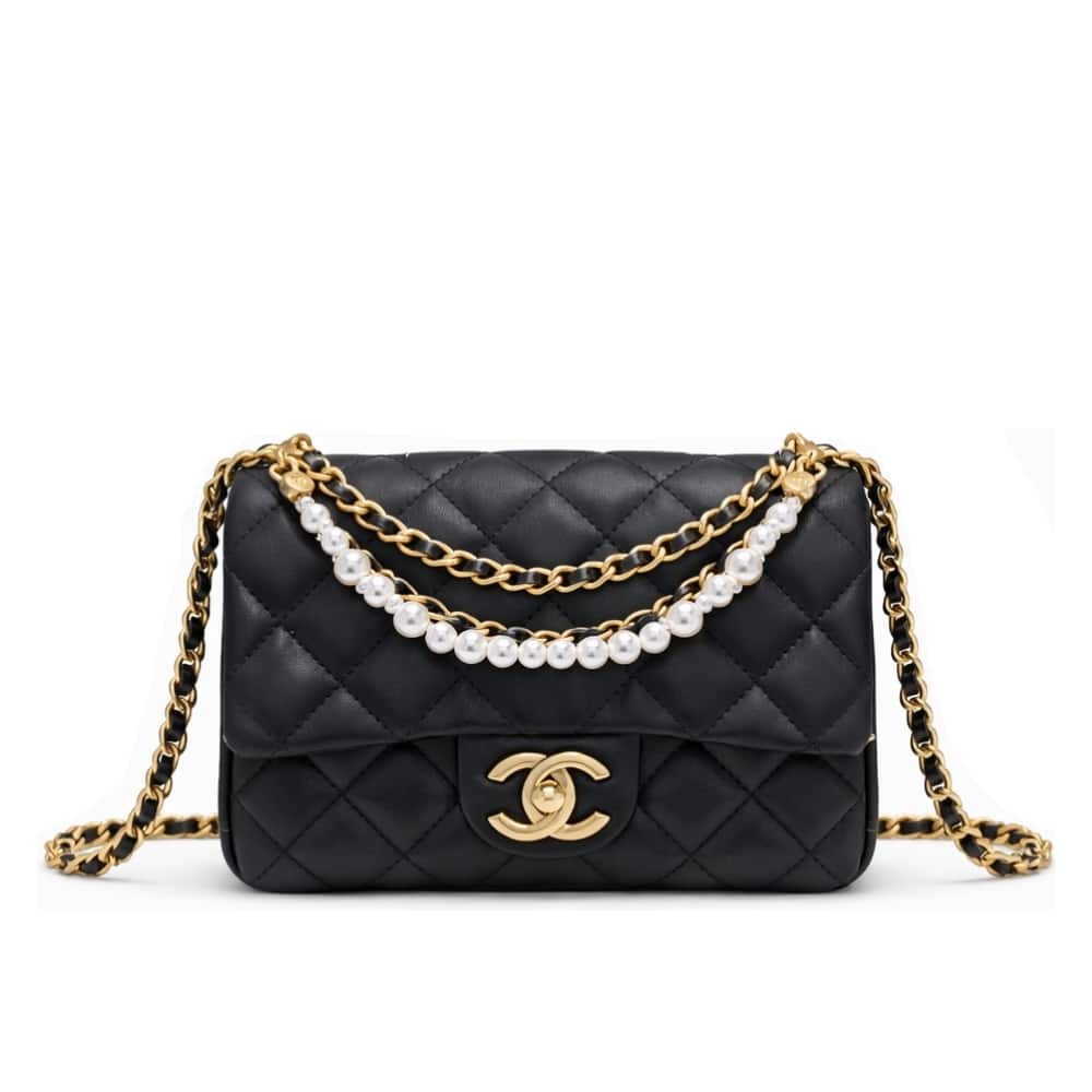 Chanel Pearl Mini Smooth Leather Flap Bag Black 17cm