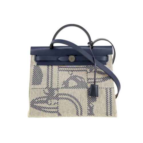 Hermes Herbag 31 Brides De Gala Canvas and Leather Handle Bag Indigo Blue 31cm