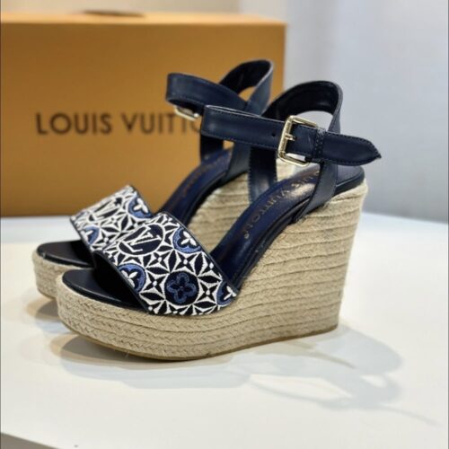 Alternative view of Louis Vuitton Helios Wedge Espadrille Monogram Sandal Navy Blue 1Ahlkq