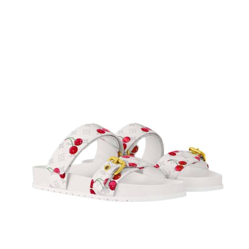 Louis Vuitton X Takashi Murakami Bom Dia Flat Comfort Monogram Cherry Mule White 1Ahlz7
