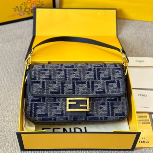 Alternative view of Fendi Baguette Medium FF Chenille Shoulder Bag Dark Blue 27Cm