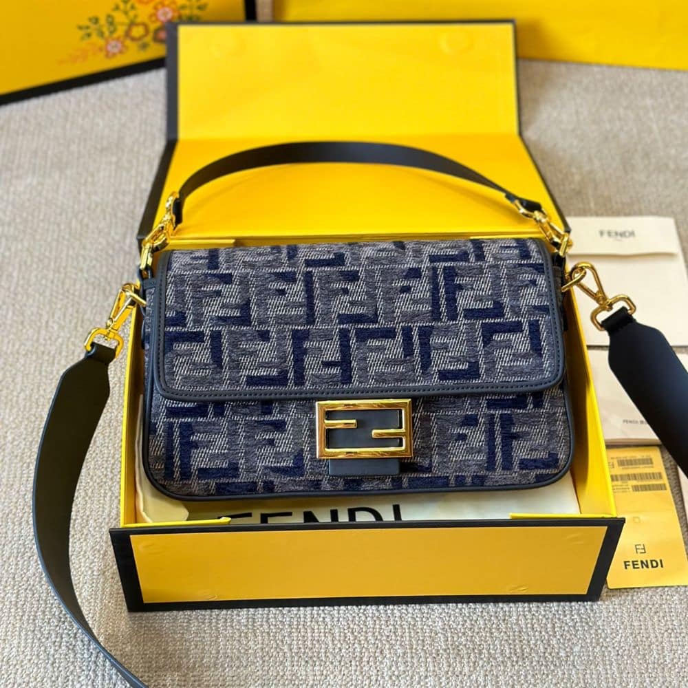 Fendi Baguette Medium FF Chenille Shoulder Bag Dark Blue 27Cm - Image 3