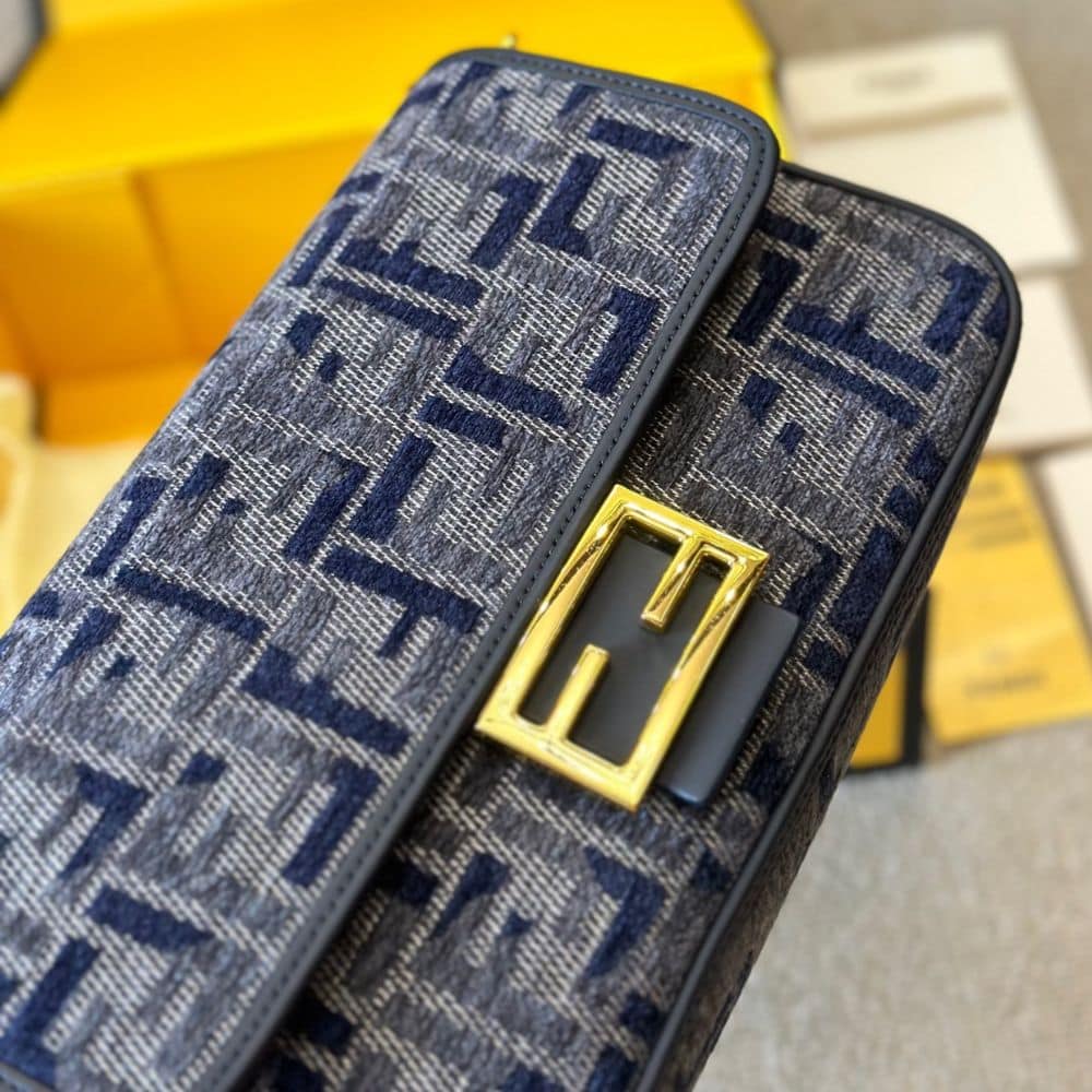 Fendi Baguette Medium FF Chenille Shoulder Bag Dark Blue 27Cm - Image 4