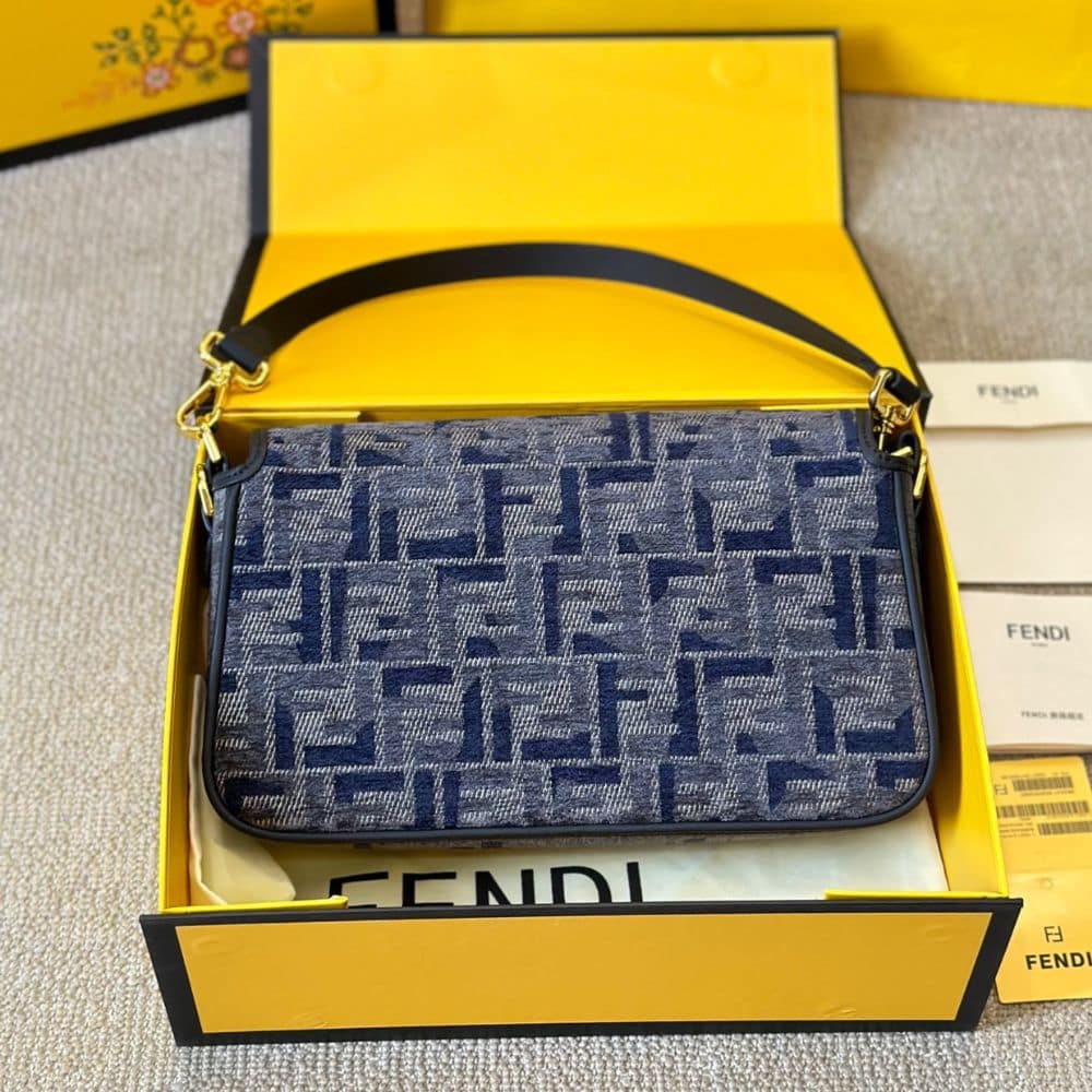 Fendi Baguette Medium FF Chenille Shoulder Bag Dark Blue 27Cm - Image 5