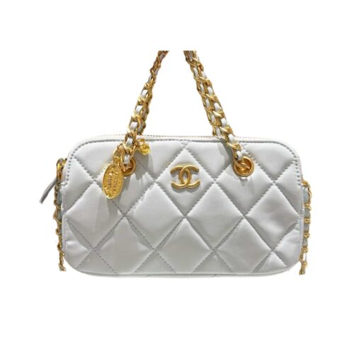 Chanel Matelasse Mini Smooth Leather Bowling Bag Mint Blue 20cm