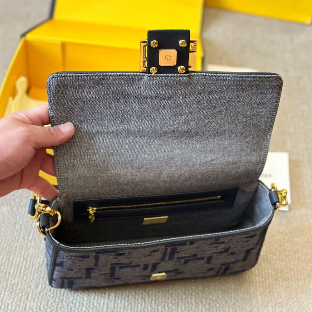 Fendi Baguette Medium FF Chenille Shoulder Bag Dark Blue 27Cm - Image 7
