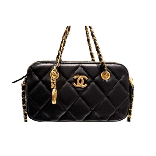 Chanel Matelasse Mini Smooth Leather Bowling Bag Black 20cm