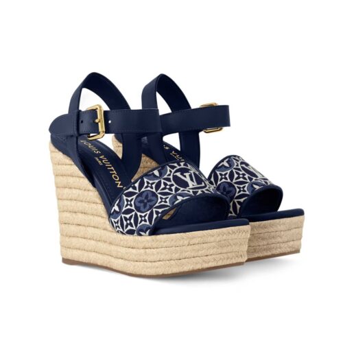 Louis Vuitton Helios Wedge Espadrille Monogram Sandal Navy Blue 1Ahlkq
