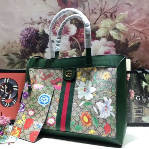 Alternative view of Gucci Ophidia Medium GG Flora Print Supreme Canvas Tote Bag Dark Green 44cm 547947 HWHAE 8709