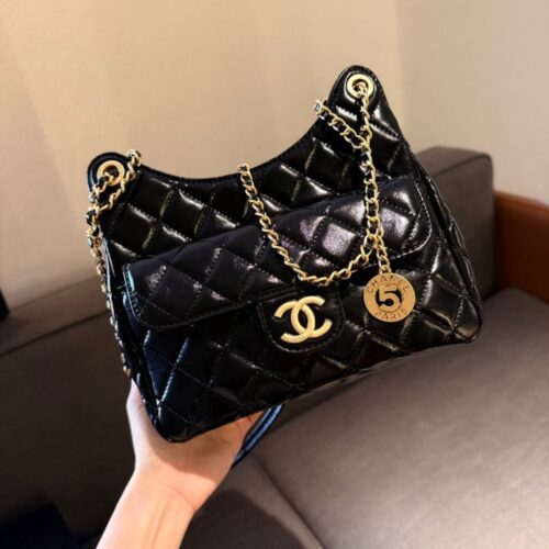 Alternative view of Chanel Small Shiny Crumpled Leather Hobo Bag Black 20cm AS3710 B09746 94305