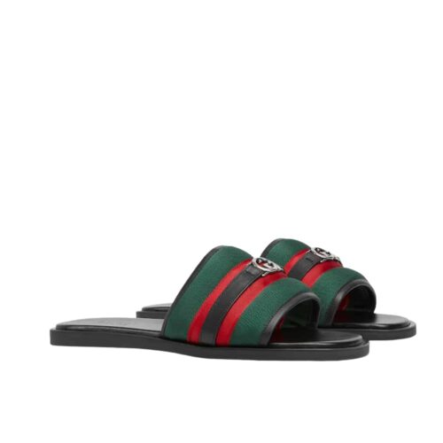 Gucci Men Canvas Slide Sandal Green And Red ‎835091 Haahh 8449