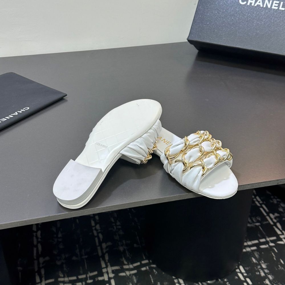 Chanel Slide Sandals Gold Chain White - Image 7