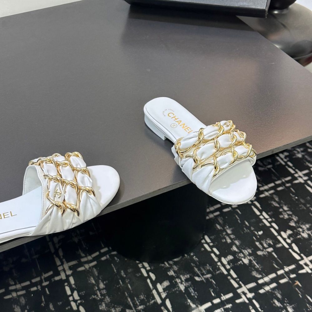 Chanel Slide Sandals Gold Chain White - Image 10