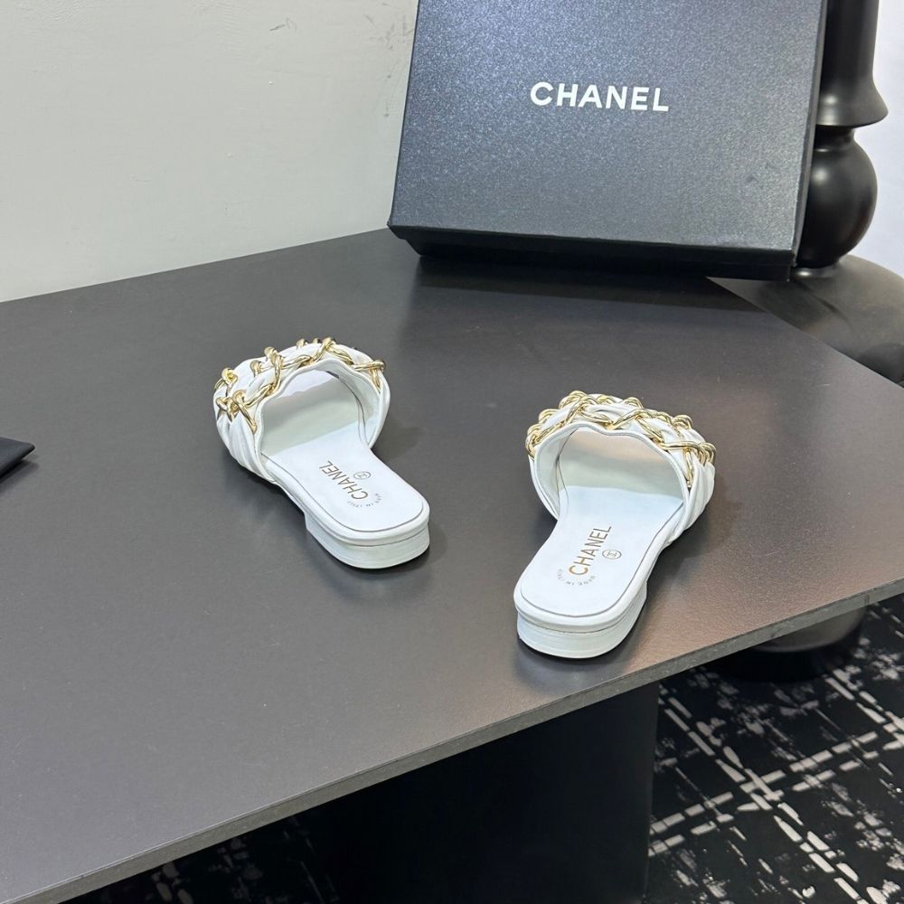 Chanel Slide Sandals Gold Chain White - Image 9