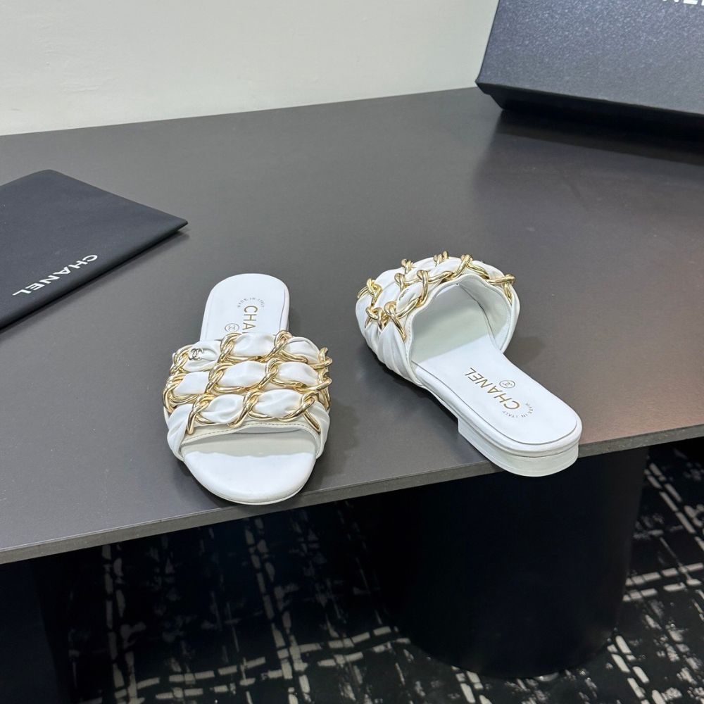 Chanel Slide Sandals Gold Chain White - Image 8