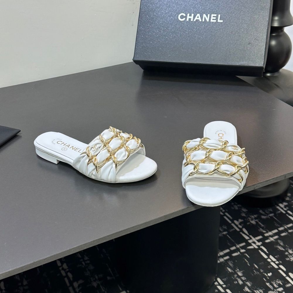 Chanel Slide Sandals Gold Chain White - Image 5