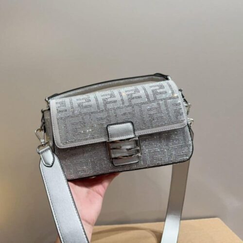 Alternative view of Fendi Baguette Medium Crystal Trim Shoulder Bag Silver Grey 25Cm