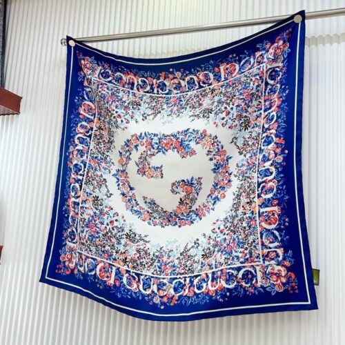 Alternative view of Gucci Interlocking G Floral Print Silk Carré Navy And Red 783157 3G001 4174