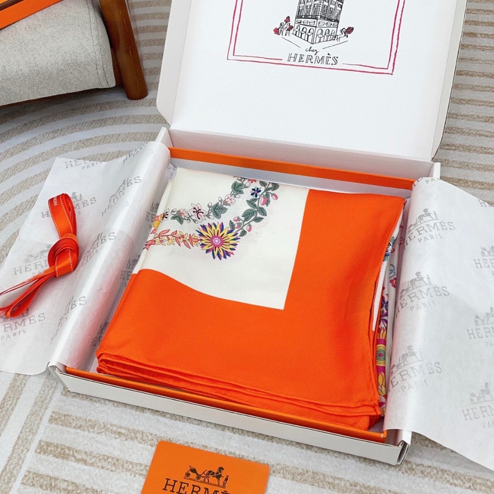 Hermes Brides De Gala En Fleurs Silk Twill Scarf Vermillon 90cm H004192S 04 - Image 7