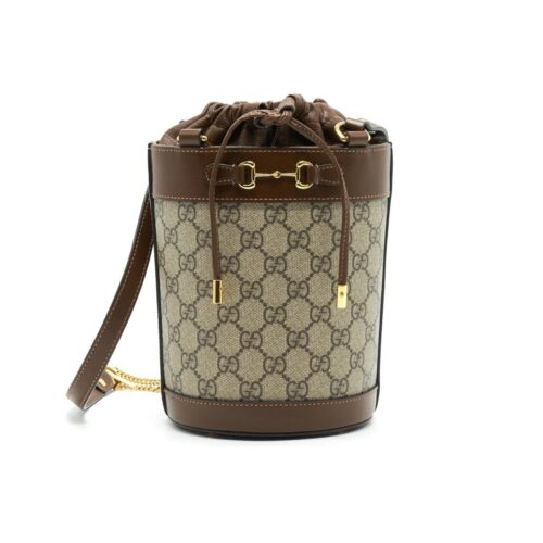 Gucci Horsebit 1955 Small GG Monogram Canvas Bucket Bag Brown 18Cm