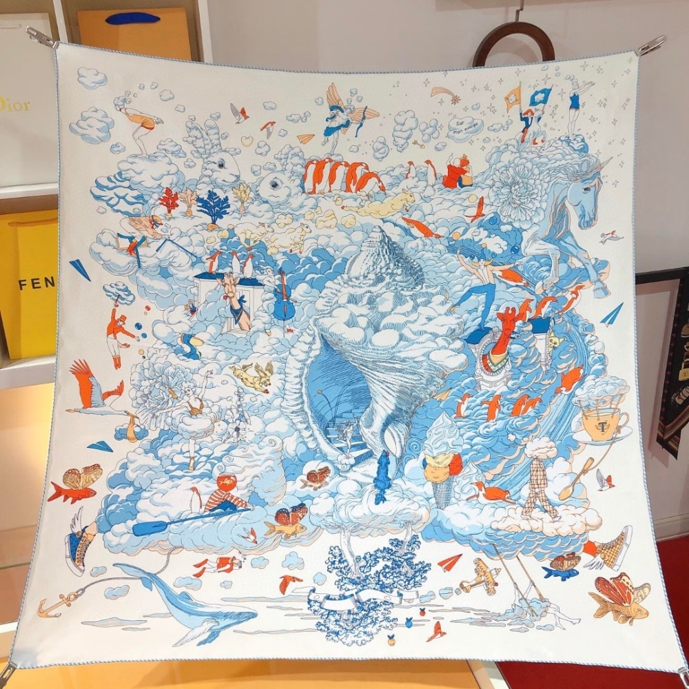 Hermes Sur Mon Nuage Silk Twill Scarf White 90cm H003900S 05 - Image 2