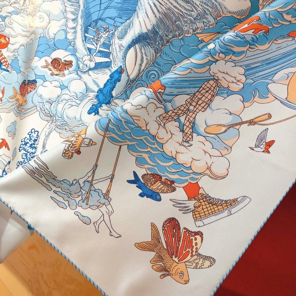 Hermes Sur Mon Nuage Silk Twill Scarf White 90cm H003900S 05 - Image 3