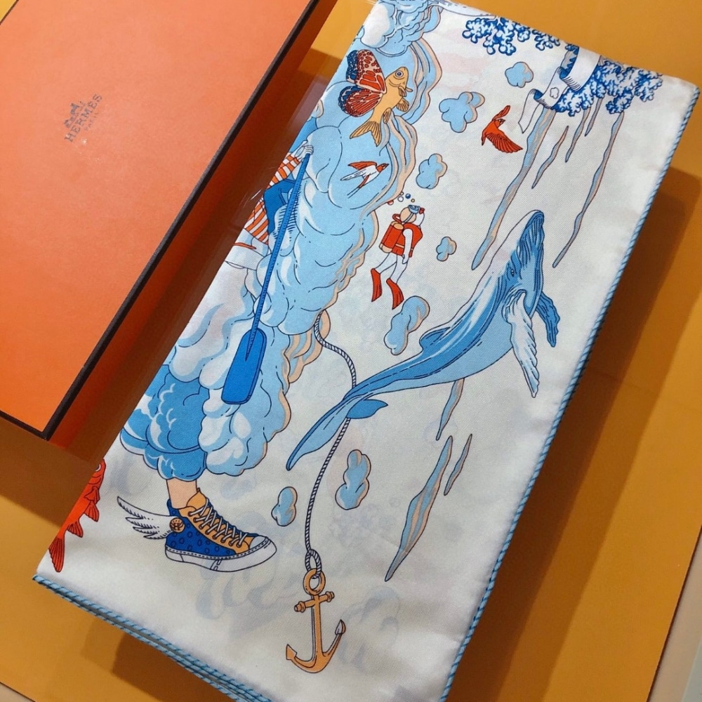 Hermes Sur Mon Nuage Silk Twill Scarf White 90cm H003900S 05 - Image 4