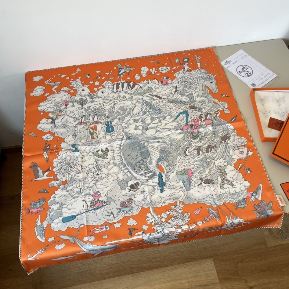 Hermes Sur Mon Nuage Silk Twill Scarf Orange 90cm H003900S 11 - Image 2