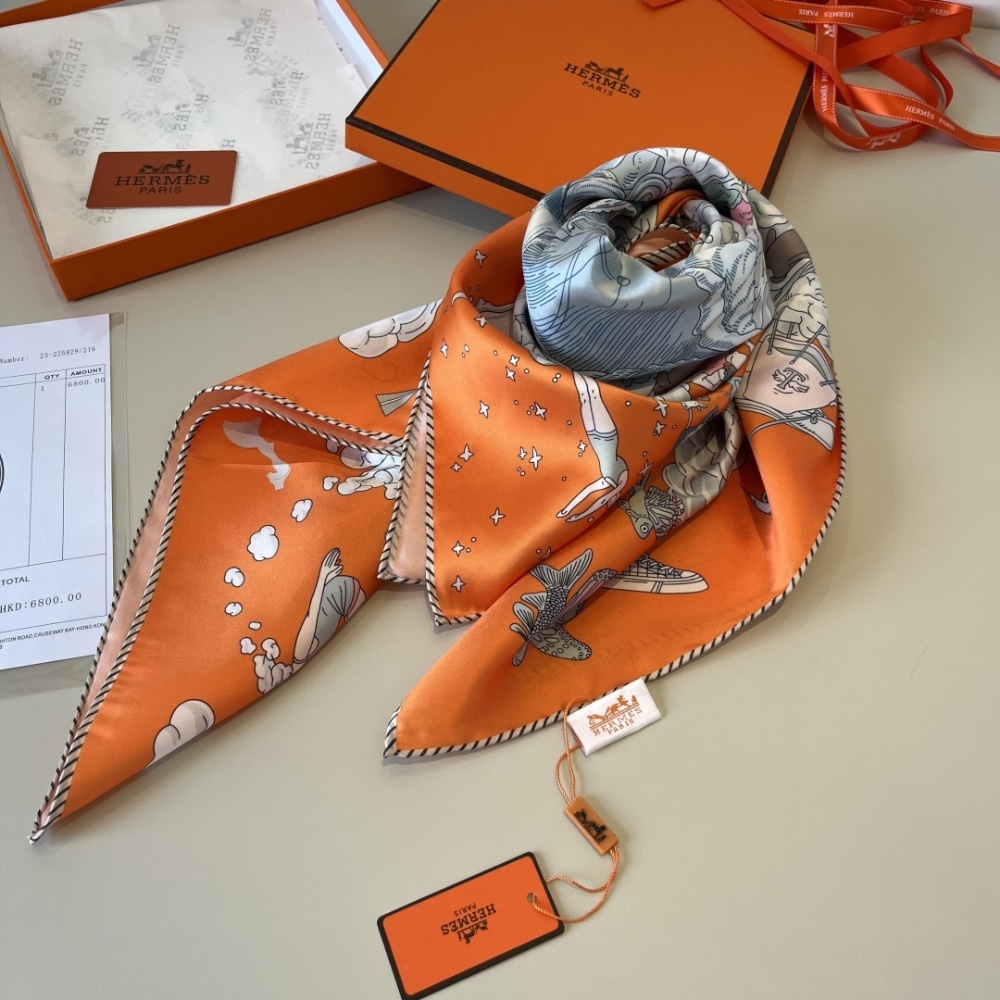 Hermes Sur Mon Nuage Silk Twill Scarf Orange 90cm H003900S 11 - Image 3
