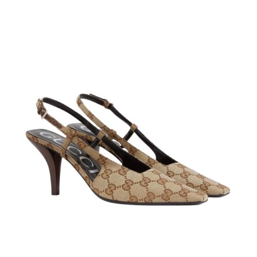 Gucci Women’s GG Canvas Slingback Pump Beige ‎And Ebony 675420 KY980 9763