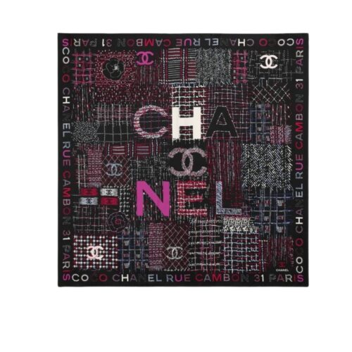 Chanel Square Scarf Silk Twill Multicolor In Black 90Cm AA8619 B09320 NK638