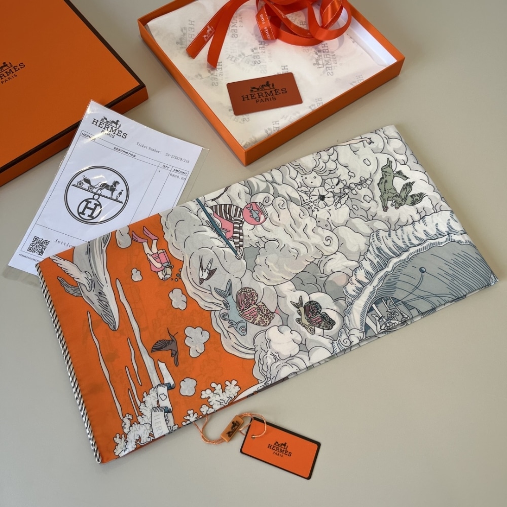 Hermes Sur Mon Nuage Silk Twill Scarf Orange 90cm H003900S 11 - Image 4
