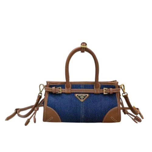 Prada Bonnie Small Denim Handbag Blue And Brown 23Cm 1BA486 2GCF F05G6 V OOO