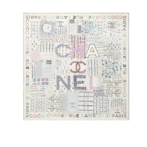 Chanel Square Scarf Silk Twill Multicolor In White 90cm AA8619 B09320 NK635