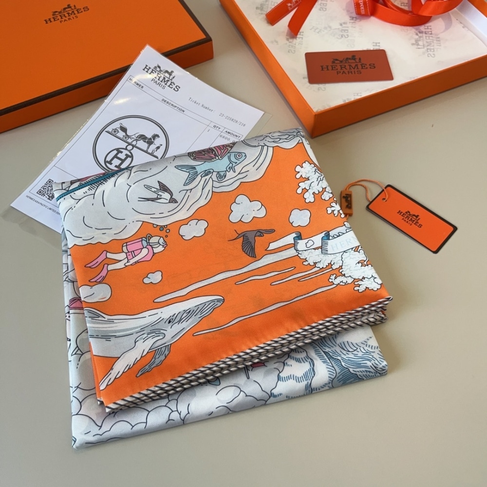 Hermes Sur Mon Nuage Silk Twill Scarf Orange 90cm H003900S 11 - Image 5
