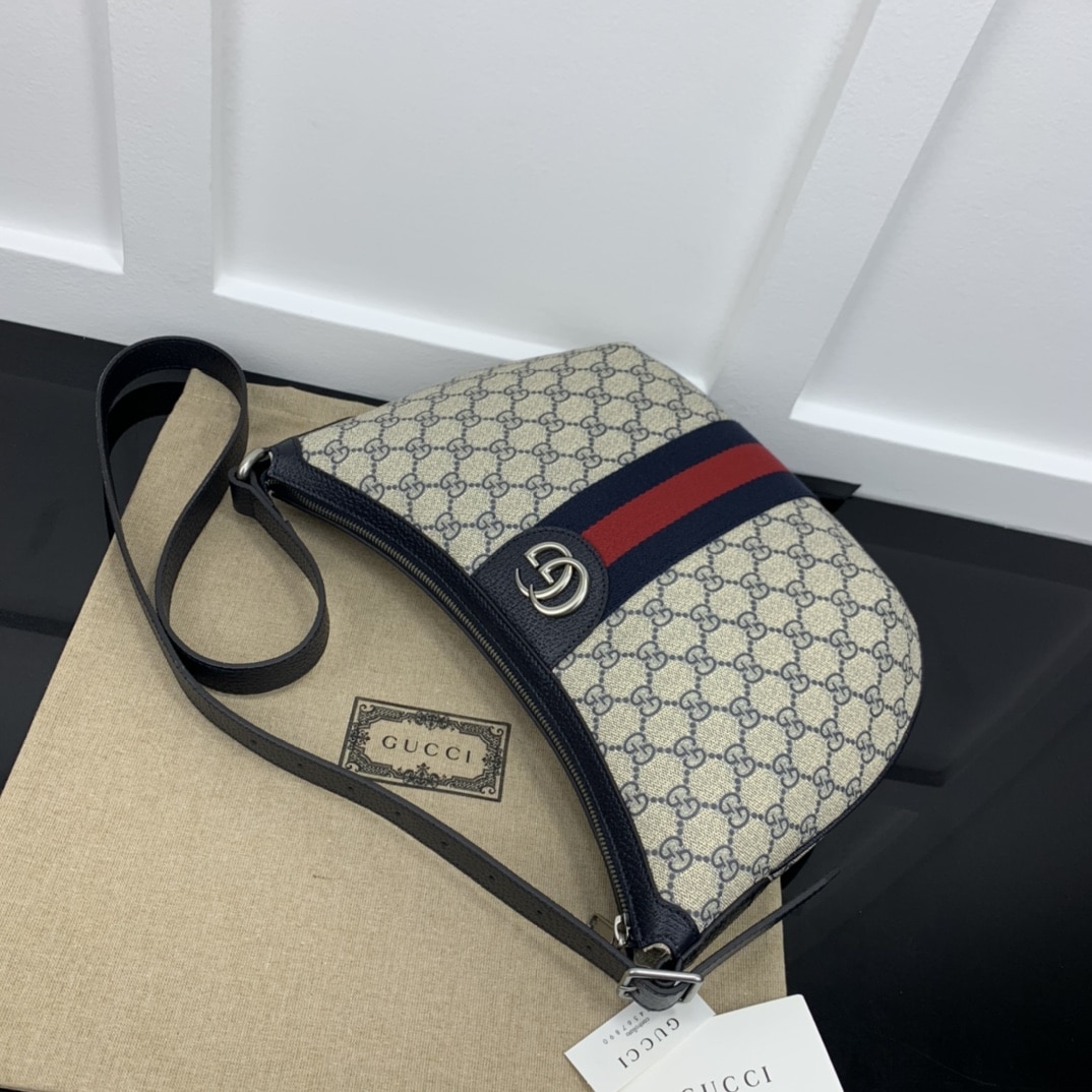 Gucci Ophidia Small GG Supreme Canvas Shoulder Bag Beige And Navy Blue 30Cm 598125 2ZGMN 4076 - Image 5
