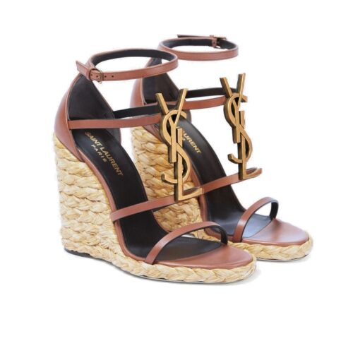 Saint Laurent Cassandra 115 Wedge Sandals Smooth Leather Raffia Brown