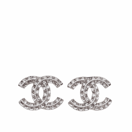 Chanel Stud Earrings Double CC Crystals Silver