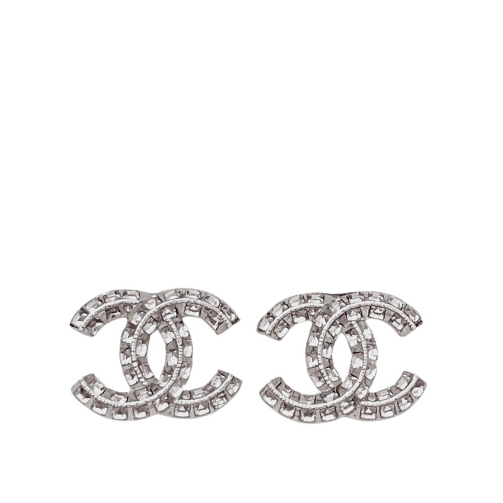 Chanel Stud Earrings Double CC Crystals Silver