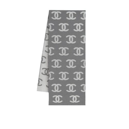Chanel Scarf Reversible Cashmere Wool Camel Grey White