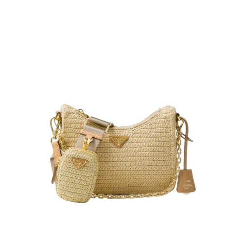 Prada Re Edition 2005 Raffia Shoulder Bag Natural Tan 22Cm 1BH204 2A2T F0018 V V9L