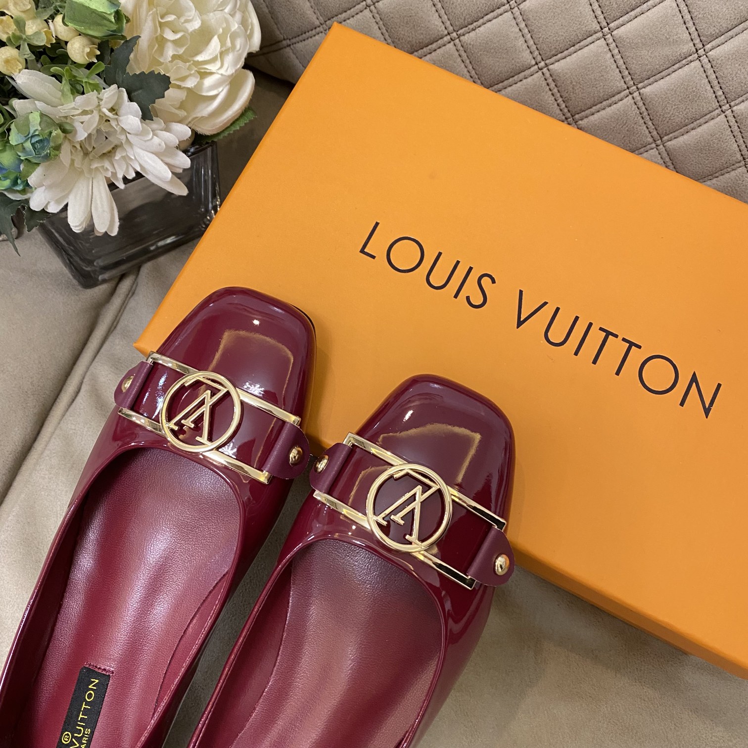 Louis Vuitton Signature LV Logo Leather Ballerina Wine Red - Image 4