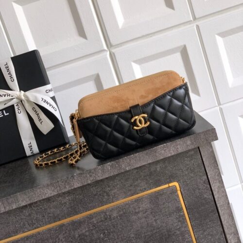 Alternative view of [Super Vip 1:1] Chanel Zipped Phone Holder With Chain Shiny And Gold Tone Metal Black Beige 18Cm Ap4743 B20685 U1546
